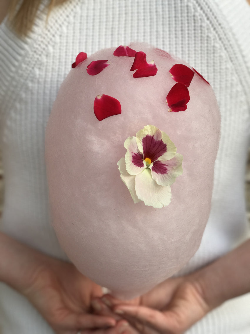 Strawberry Floss with edible Pansies and Rose Petals